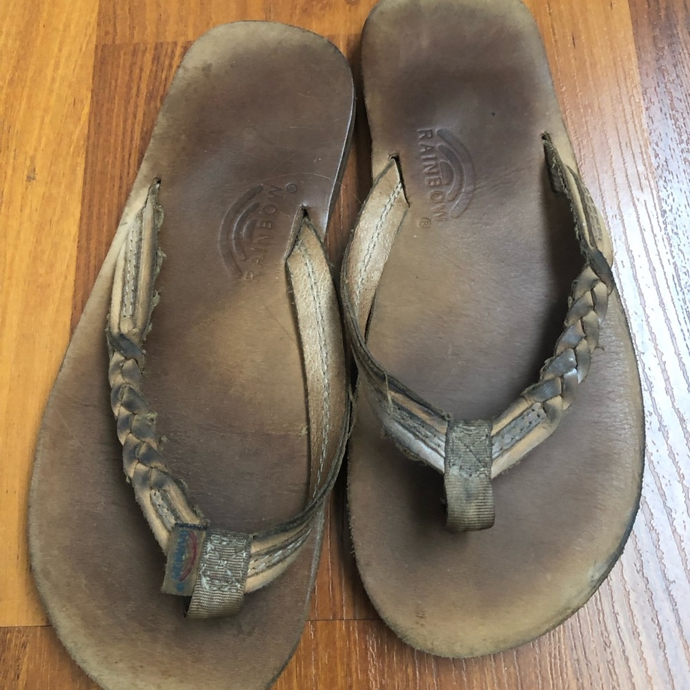 Rainbow Braided Leather Flip-Flops in Brown